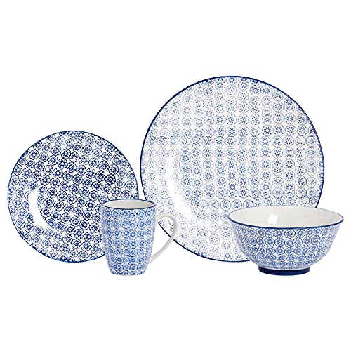 Nicola Spring Hand Printed 24 Piece Dinner Set - Navy - Porcelain Japanese Style Dinner Plates, Bowls, Side Plates and Tea Coffee Mugs for Kitchens, Cafes & Restaurants