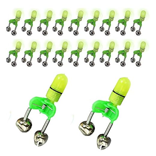 Cailauer 20Pcs LED Twin Bell Night Fishing Alarm Clip, Fishing Gear Accessories Bait Alarm Bell, Fishing Bite Alarm Indicator,LED Night Fishing Rod Bite Bait Alarm Light…