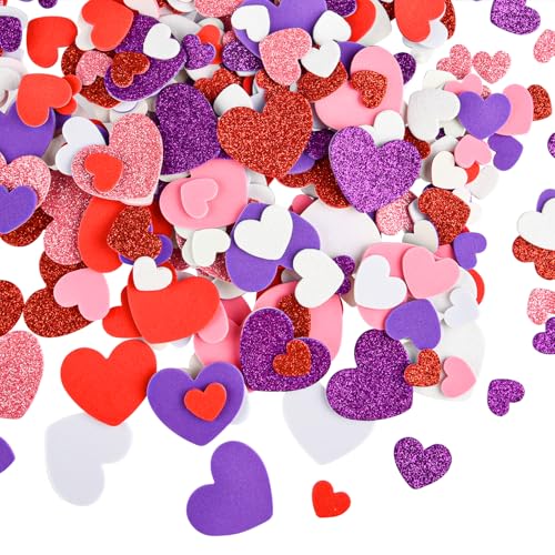 CHRORINE 350 Pcs Foam Heart Stickers Valentine's Day Glitter Self Adhesive Sticker Heart Shapes Colorful Sticker for Valentine's Day Decoration/Wedding Supplies/DIY Art Craft -Red Pink White Purple
