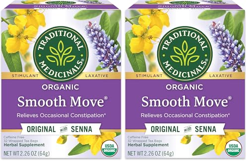 Traditional Medicinals Organic, Smooth Move Tea, Original with Senna - Helps Relieve Constipation Overnight - Kosher, Non-GMO, Caffeine-Free - 32 Tea Bags (Pack of 2)