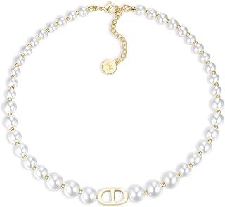 Womens 18K Real Gold Plated Initial Pearl Necklace Choker, Double D Letter Pendant 6mm Cuban Link Chain, Gift for Birthday Valentine's Day & Mother's Day(Delicate Packaging for Christmas)