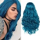 Baruisi Long Curly Wavy Blue Wigs for Women Natural Looking Middle Part Synthetic Heat Resistant Fiber Cosplay Replacement Wig