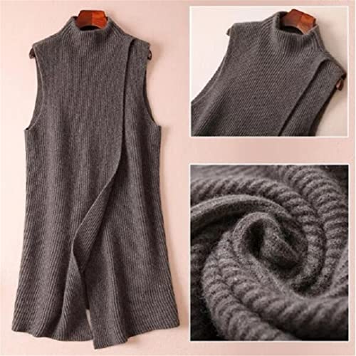 Autumn And Winter Solid Color Knitted Cashmere Jacket Vest Long Section Half-High Round Neck Sleeveless Wool Sweater Dark Grey M #TOP1