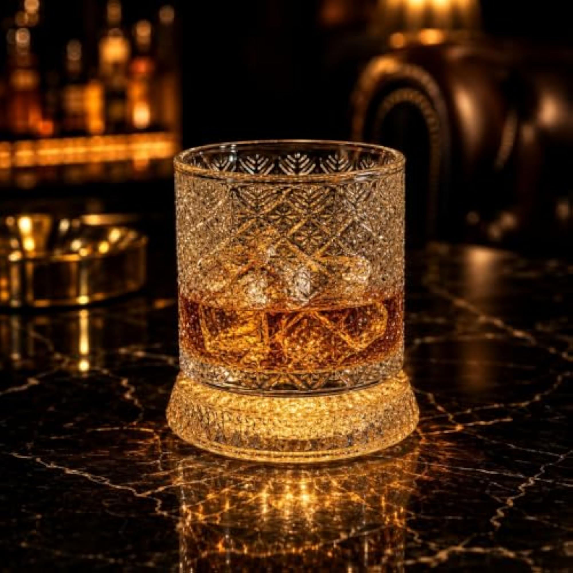 Rotating Whiskey Glass with LED Coaster, Diamond Cut Design