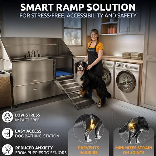 Image of KANIS Professional Dog Washing Station 304 Stainless Steel Pet Wash Sink & Grooming Bathtub w /Shower, Floor Grates and Storage for Large, Medium & Small Pets (Silver, 61 Inches, Right Ramp, 2 Drawers)