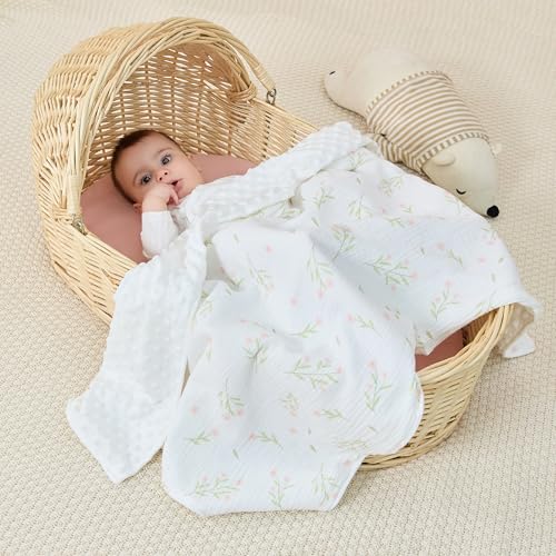 Image of JELLYMONI Micro Soft Plush Baby Blanket for Unisex Boys Girls, 1 Pack Muslin Cotton Minky Blanket with Soothing Raised Dots, Double Layer Bed Throws for Baby Crib, 30x40 Inches