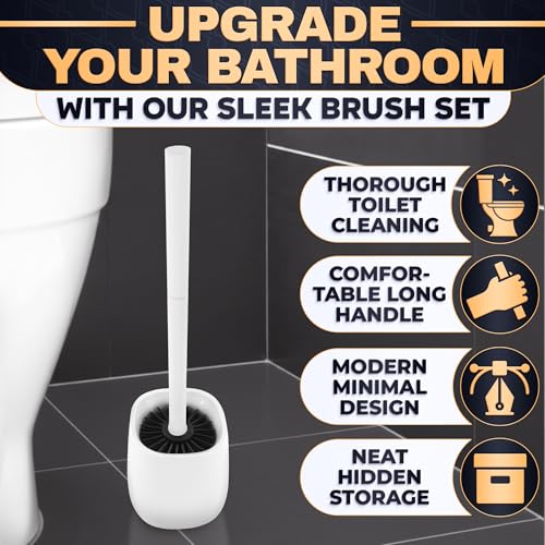 Image of Toilet Brush and Holder Set - Silicone Toilet Bowl Brush with White Holder Base, Compact Bath Accessory for Small Spaces - Easy to Place and Simple to Store After Use, Plastic Bathroom Cleaning Tool