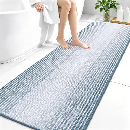 Image of OLANLY Bathroom Runner Rugs 70x24, Extra Soft Absorbent Chenille Striped Bath Rugs, Rubber Backing, Machine Wash Dry, Long Bath Mats for Bathroom, Tub, Shower, Home Decor Accessories, Airy Blue