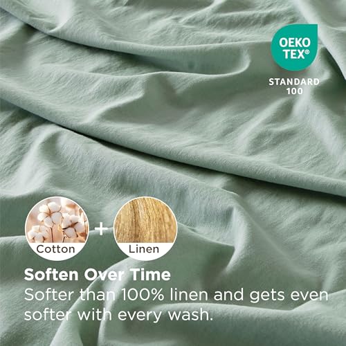 Bedsure Linen Sheets - King Size Sheets, Blend from Linen Cotton Bedsheets, Breathable Cotton Bedsheets, Gifts for All Seasons, 4 Pieces, Green