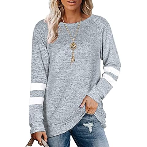 AUSELILY Ladies Causal Crewneck Sweatshirts Blouses and Tops Striped Long Sleeve Loose Pullover for Women UK(White Gray,Medium) Cover