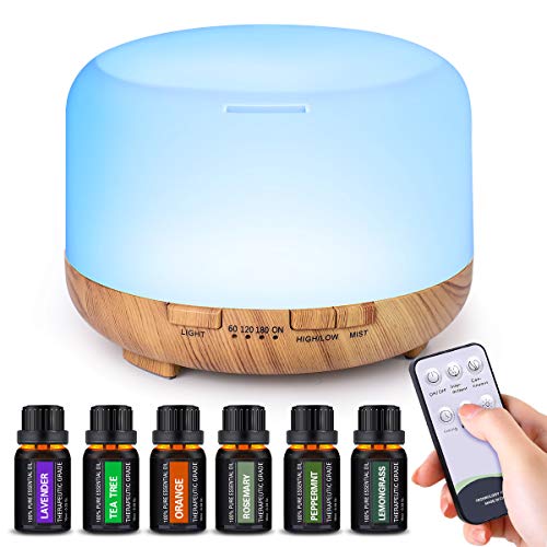 Diffuser with Essential Oils Included, 500ml Aromatherapy Diffuser with Oils Set 6x10mL, Aroma Diffuser with Oils Included Remote Control 14 Led Lights 4 Timers for Office Room Bedroom