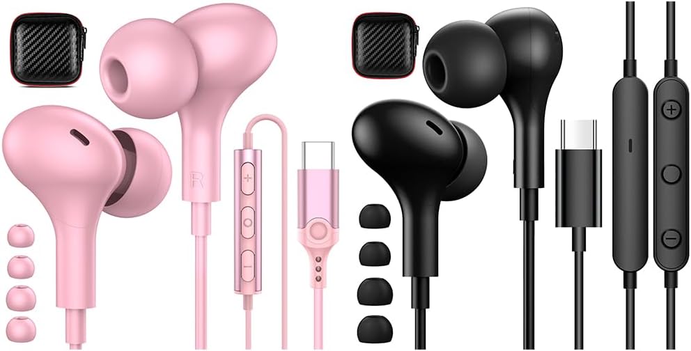 2-Pack USB C Headphones Wired Earbuds for iPhone 15 Pro Max Plus Samsung Galaxy S23 S22 S21 S20 Z Flip5 Fold5