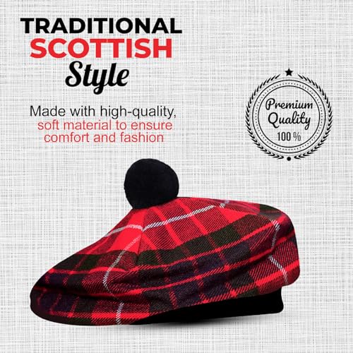 Image of Scottish Tam O' Shanter Hat Tartan Bonnet Pom Pom Wool Flat Cap One Size