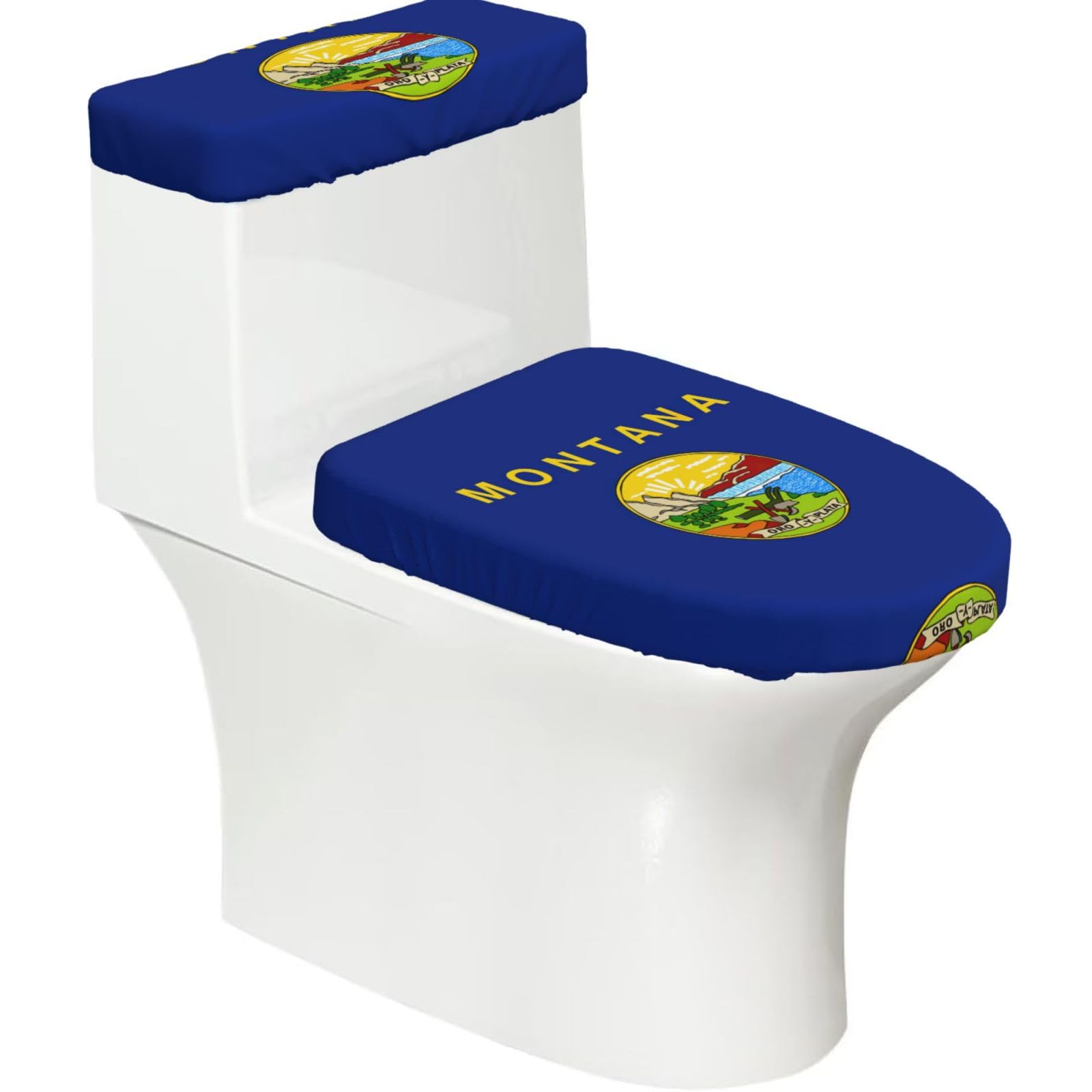 Montana State Flag Print Toilet Covers Set With Elastic Bottom, Universal Toilet Lid And Toilet Tank Covers