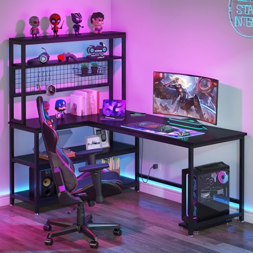 Tribesigns 55" Large Computer Desk with Wireless Charging 5 Storage Shelves, Office Desk Study Table Writing Desk Workstation with Hutch Bookshelf for Home Office (All Black)
