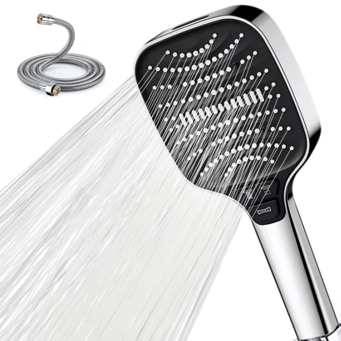 Shower Head and Hose 1.5m, High Pressure Showerhead with 8 Spray Modes, Large Powerful Handheld Shower Heads for Low Water Pressure