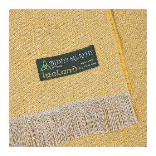 Fine Irish Linen Throw Toss Blanket, 79" X 57" Inches, 3" Fringe, Traditional Herringbone Weave, Soft Premium Flax Fiber, Imported From Ireland, Soft Yellow #TOP2
