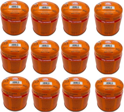 SMH LINE® Lot de 12 cartouches de gaz butane perçables universelles de 190 g avec valve de sécurité, brûleur Bunsen, gaz propane, réchaud de camping, chauffage à gaz, chalumeau, système d'arrêt de gaz