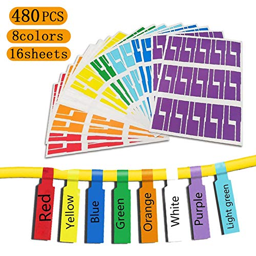 Identificador de Cables,Etiquetas Cables,480 Piezas Etiqueta del Cable Adhesivas Pegatinas Autoadhesivo Impermeable,Resistente al Desgarro Resistente al Aceite,Flexible(16 Hojas 8 Colores Variados)