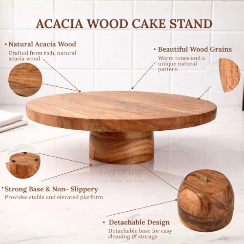 Image of Decorlay 12-Inch Wooden Cake Stand | Elegant Dessert & Cupcake Pedestal Riser | Multipurpose Serving Stand for Parties, Weddings & Kitchen Display