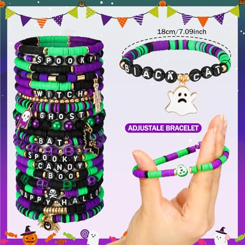 64 Pcs Halloween Bracelets Bulk for Women Stretch Vinyl Disc Clay Party Favor Bracelet Pack Halloween Beaded Accessories Jewelry for Goody Bag Fillers Party Supplies3
