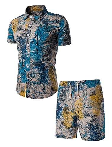 Ftcayanz Men's Floral Tracksuit 2 Pieces Short Sleeve Shirt And Shorts Suit Hawaiian Outfits Blue Xxl #TOP16