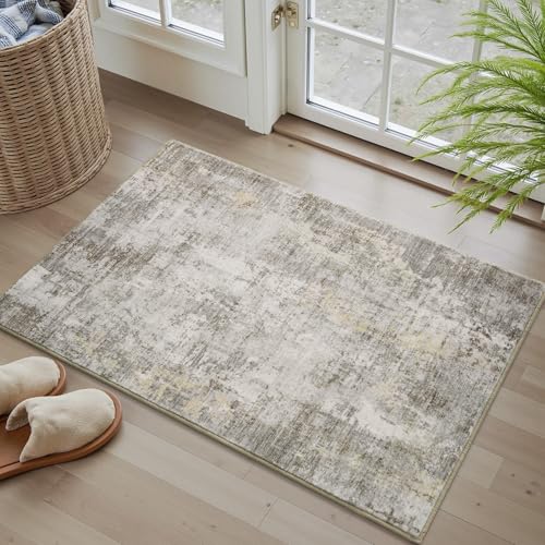 2 x 3 Small Area Rug Indoor Entryway Rug Machine Washable Non Slip Low Pile Carpet Modern Abstract Rugs for Bedroom Kitchen Powder Room Front Porch Bathroom, Beige Beige 2' x 3'