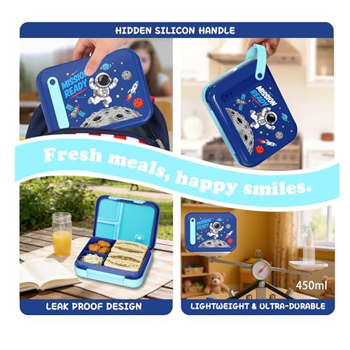 Image of Kids Bento Lunch Box for Boys & Girls - 4-Compartment Leak-Proof Lunch Container with Hidden Silicone Handle, Lightweight, BPA-Free, 855ml for School & Travel (Astronaut)