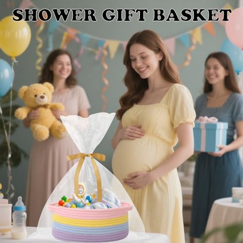 Image of Woven Rope Basket,Baby Gift Basket with Bag & Ribbon, Rainbow