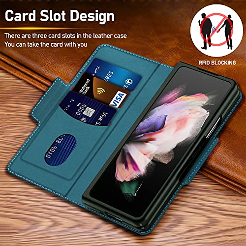 Vizvera Galaxy Z Fold 3 Case, 2021 Samsung Z Fold 3 Wallet Holster, With Multi-Layer Card Slot, Magnetic Mutual Suction Buckle Elegant Retro Texture Leather Phone Case For Samsung Z Fold3 5G-Cyan Blue #TOP1