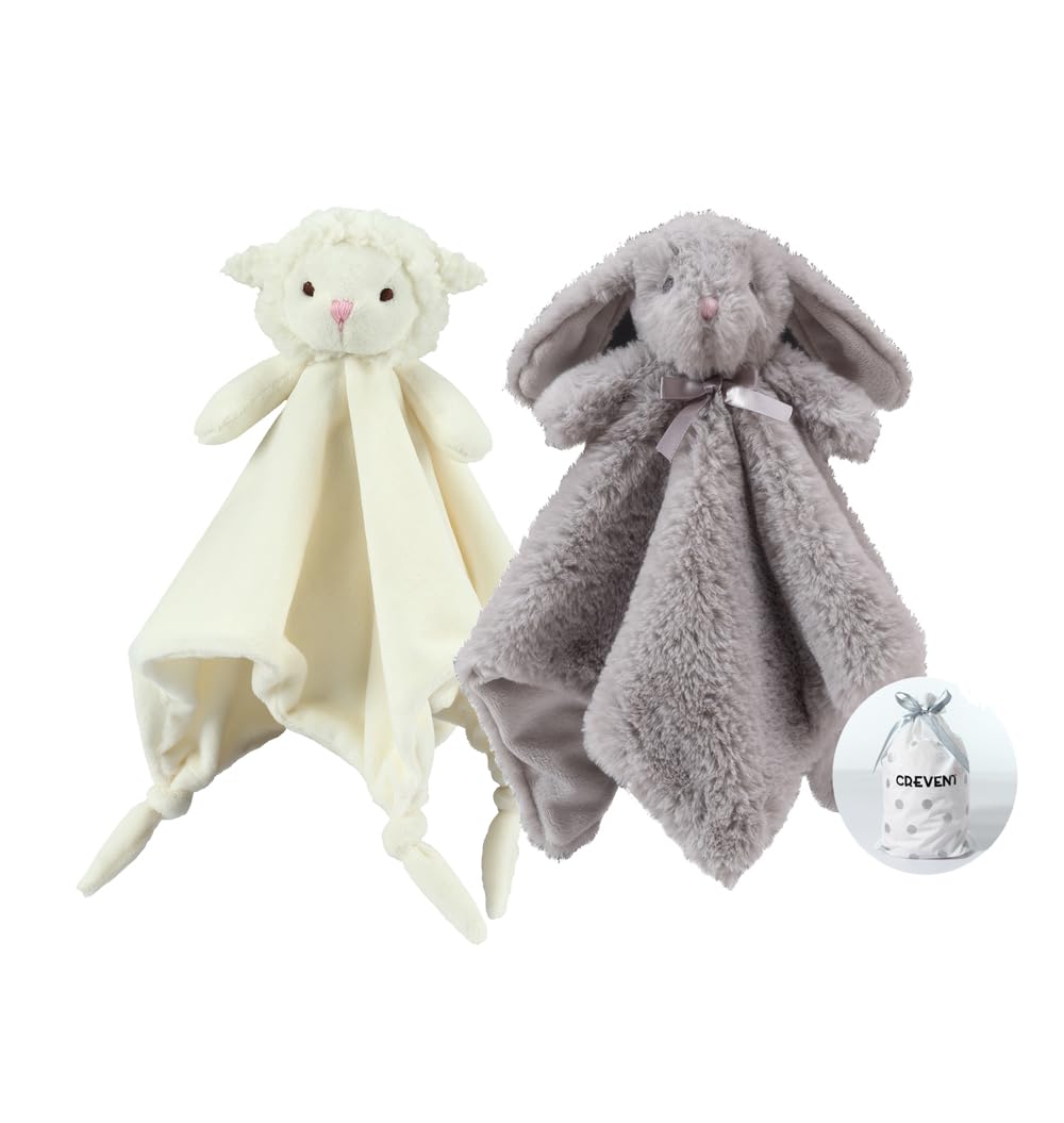 CREVENT Plüsch-Schmusedecken, weich, mit Tiergesichtsmotiv für Jungen und Mädchen, tolles Geschenk für Geburtstag, Babyparty (Schaf + Hase), 2 Stück