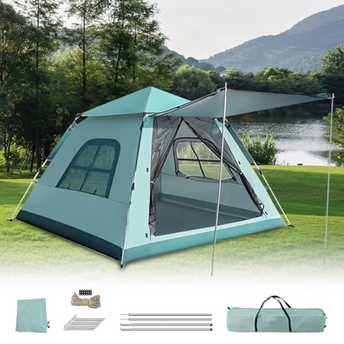 BAGROUPS Camping Zelt 4 Personen 4 Jahreszeiten Zelte UV-Schutz Pop Up Zelt Wasserdicht Winddicht mit Vorzelt 210x210x140cm für Familien, Camping（Blau）