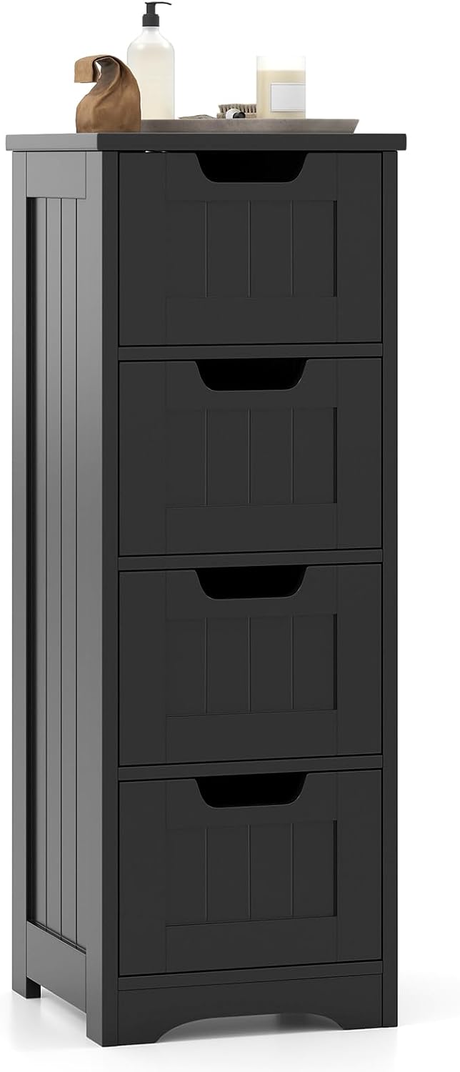 Tangkula Bathroom Floor Cabinet with 4 Drawers, 12 x 12 x 33 Inch, Freestanding Storage Cabinet for Bathroom Living Room, Wooden Cabinet Organizer Unit for Home Office (Black)
