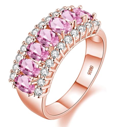 Image of Uloveido Women's Rose Gold Plated Simulated Pink Tourmaline Wedding Band Oval Cut 7 Stone CZ Anniversary Rings J501 (Pink, Size L 1/2)