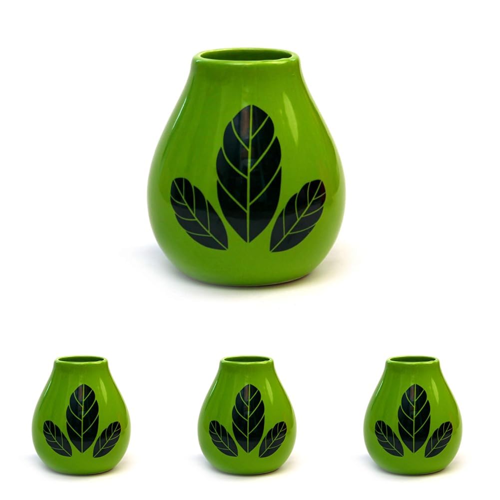 Mate Green Yerba mate-tee keramik kalebasse Hoja Green becher Verziert mit Yerba Mate-Blättern 350ml tasse (Packung mit 4)