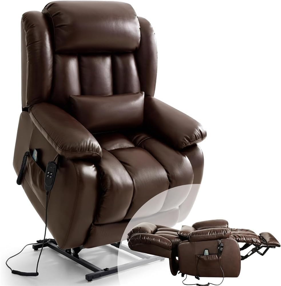 Heavy Duty Dual Motor Lift Recliner Chair with Massage and Heating for Elderly Adults Brown Leather Infinite Recline Lay Flat Extended Footrest USB Charging Ports Lumbar