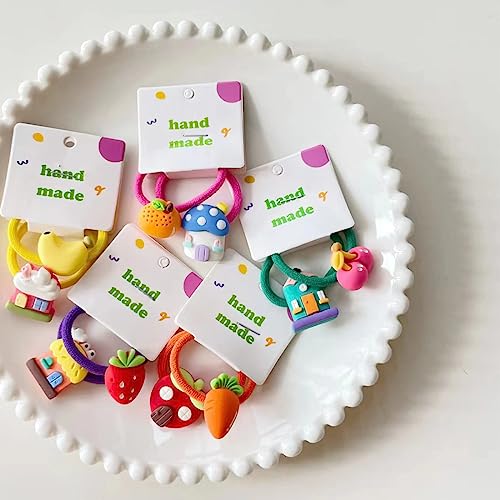 Jiuzh Acrylic Cute Hair Ties For Girls Colorful Fruit & House Patterns Ponytail Holders Elastic Soft Rubber Bands For Toddler, Girls, Kids, Children, Teens (5 Pairs/10 Pcs) (House + Fruit Design) #TOP1