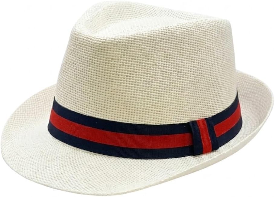 Straw Fedora Hat, Striped Navy and Red Band, Summer Sun Hat, Multiple Colors