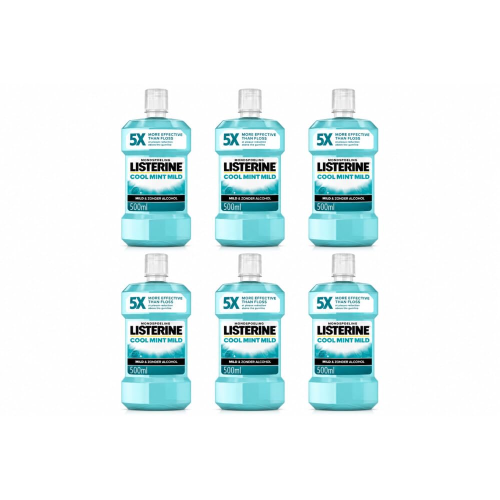 Listerine Cool Mint Extra Milde Smak, płyn do płukania ust bez alkoholu z olejkami eterycznymi, pomaga w usuwaniu bakterii i zapewnia długotrwały świeży oddech, 6 x 500 ml