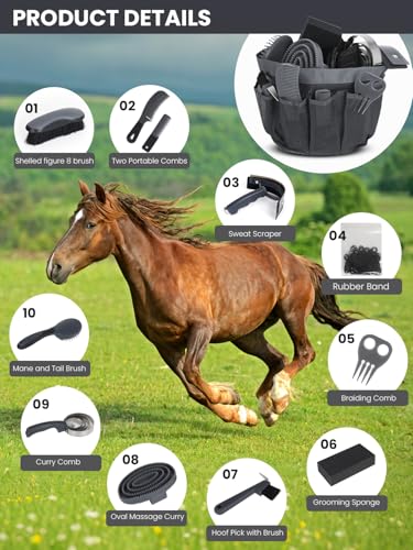 inoreal Horse Grooming Kit 12 Pcs – Complete Horse Brushes & Care Supplies Set with Organizer Tote Bag, Equine Coat Grooming Tools, Tack Room Equipment & Gifts for Horse Owners & Lovers - Thumbnail 2