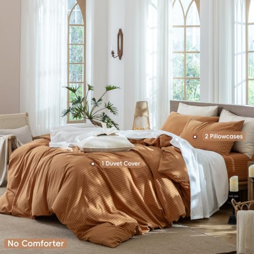 Image of MooMee Striped Duvet Cover Set 100% Washed Cotton Linen Like King | Relaxed Linen-like Texture. Soft, Breathable & Long-lasting Comfort. Lightweight. Hidden Zipper with 8 Interior Corner Ties