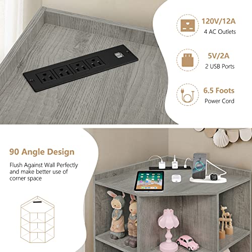 Iwell Corner Cabinet, Corner Storage With Usb Ports And Outlets, Corner Toy Storage For Small Space, Wooden Corner Cubby Bookshelf With 9 Cubes For Playroom, Bedroom, Living Room, Gray #TOP5