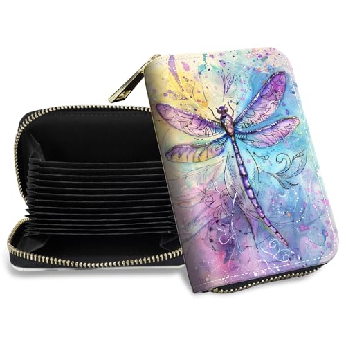 Credit Card Holder with Zipper, Slim RFID Blocking Card Wallet for Women Men Dragonfly Watercolour Design PU Leather Small Accordion Card Case Wallet, ID Card Organizer, Pocket Business Card Case