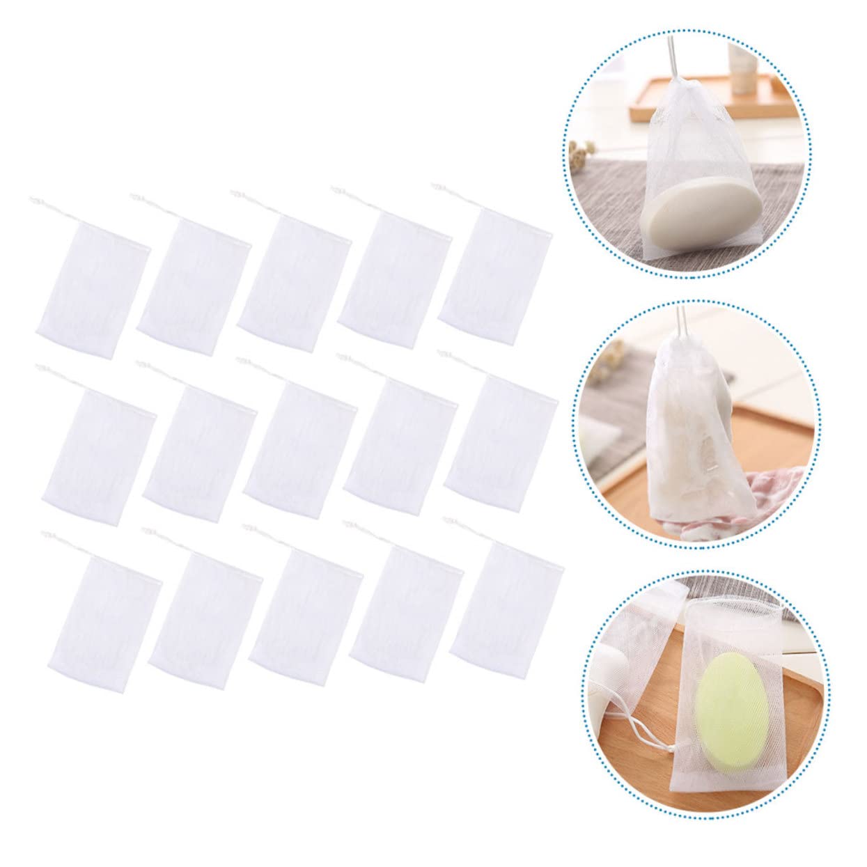 50Pcs White PE Foaming Soap Pouch Net with Drawstring Mesh
