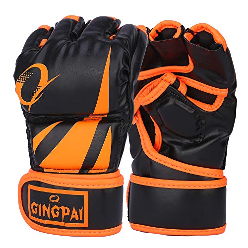 GINGPAI UFC MMA Gloves,Half-Finger Boxing Fight Gloves for Men & Women, Kickboxing Gloves with Open Palms, Boxing Gloves for Punching Bag, Sparring, Muay Thai ORANGE