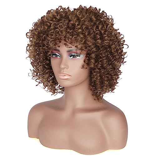 PORSMEER Short Kinky Curly Afro Wigs with Fringe Natural Looking Premium Synthetic Heat Resistant Hair Brown Wig for Black Women Ladies UK Cosplay and Daily,14 Inch - Image 3