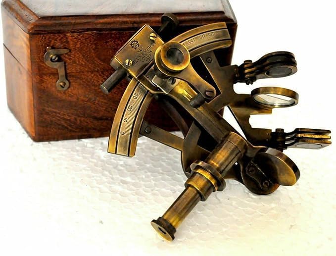 Nautical Antique Brass Marine Sextant with Collectible Maritime Wooden Box Gift