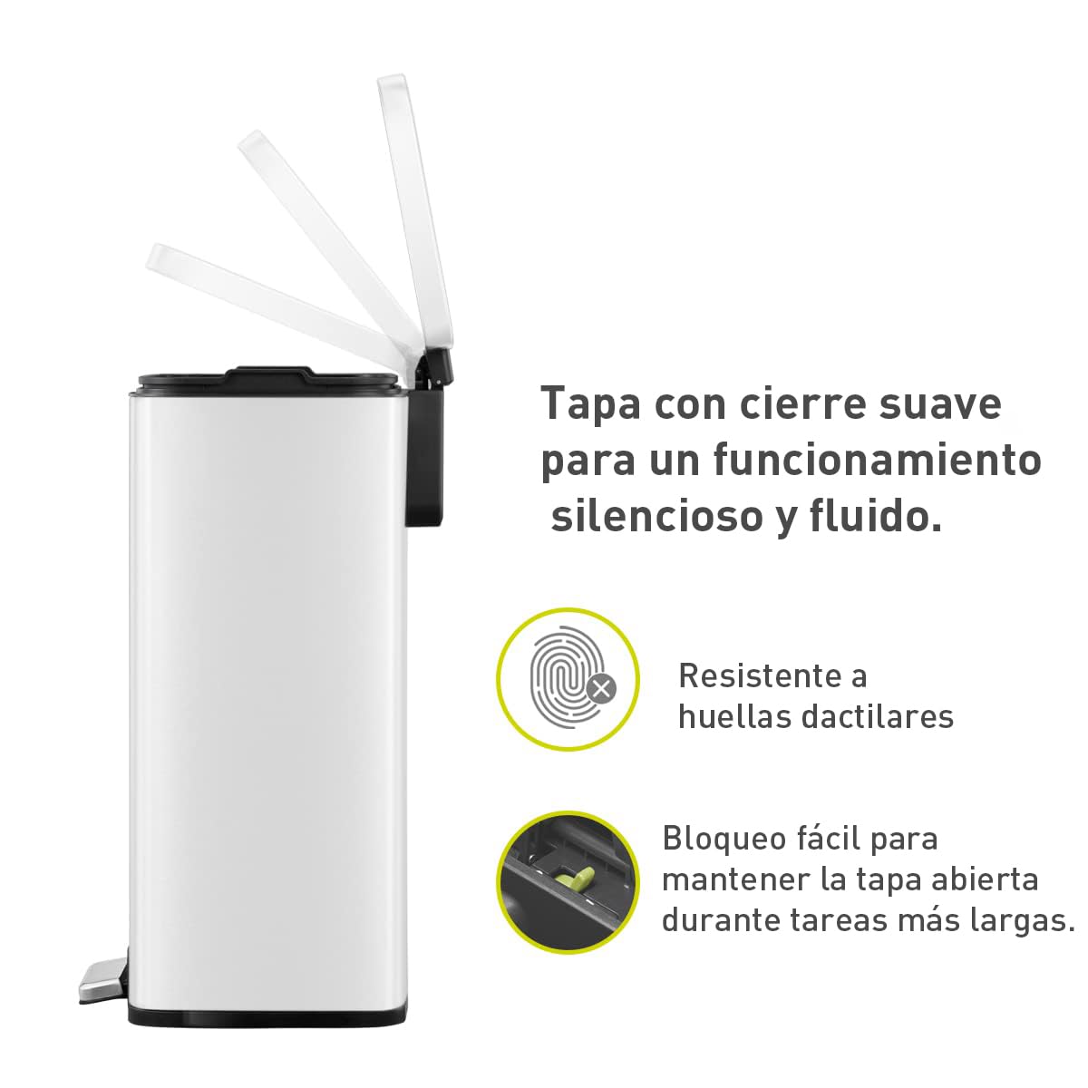 EKO Madison Cubo de Basura para Cocina 50 L con Pedal Blanco Mate | Cubo EKO Madison de 50 L en color blanco, con pedal, cierre suave, función stay-open y anillo estabilizador de bolsas.
