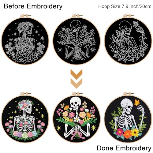 Image of Louise Maelys 3 Pcs Halloween Embroidery Kit for Beginners, Skeleton Floral Spooky Handmade Set with Hoop, Printed Fabric and Instruction, Needlework DIY Craft for Adults
