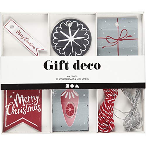 Creativ Company Assortiment d'étiquettes cadeaux u0096 Carte et pendentif avec design imprimé & cordon u0096 Différents designs et couleurs (argenté/rouge)